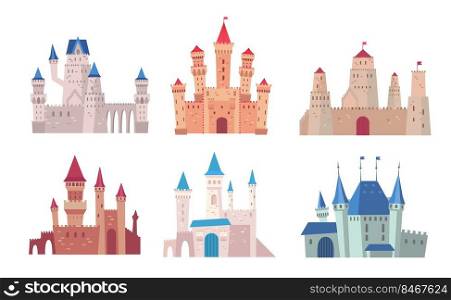 Castles cartoon illustration set. Gothic architecture, fairytale palace and Medieval fortress clipart collection. History, ancient architecture concept