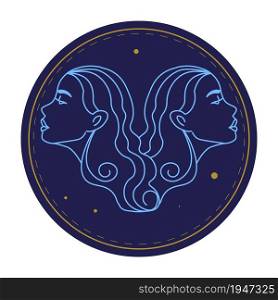 Castor and Pollux astrological sign of gemini zodiac, horoscope symbol. Isolated circle with faces of two girls, constellation and mythology, astrology and astronomy science. Vector in flat style. Gemini astrological sign, horoscope symbol zodiac