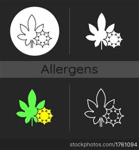Castor bean dark theme icon. Exotic flowering plant. Ricinus communis. Cause of allergic reaction, herbal allergen. Linear white, simple glyph and RGB color styles. Isolated vector illustrations. Castor bean dark theme icon