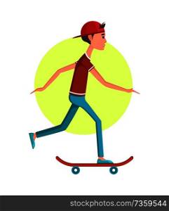 Casual boy rides skateboard, red board on blue wheels, young guy in blue jeans and t-shirt, teenage skater isolated cartoon flat vector illustration.. Casual Boy Riding on Skateboard, Vector Banner