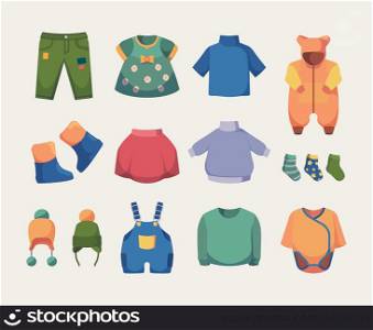 Casual clothes for kids. Little dress boots jackets hats and pants fashioned clothes garish vector illustrations set. Clothing wear, jacket and trousers. Casual clothes for kids. Little dress boots jackets hats and pants fashioned clothes garish vector illustrations set