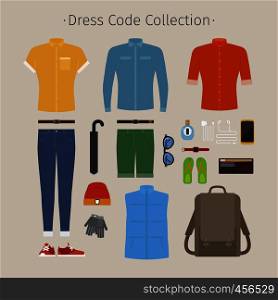 Casual clothing set. Everyday outfit and accessories vector illustration. Casual clothing set