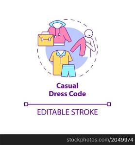 Casual dress code concept icon. No dressing rules. Everyday garments abstract idea thin line illustration. Isolated outline drawing. Editable stroke. Roboto-Medium, Myriad Pro-Bold fonts used. Casual dress code concept icon