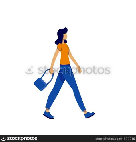 Casual fashion flat color vector faceless character. Woman walk in simple elegant outfit. Businesswoman go to work. Normcore isolated cartoon illustration for web graphic design and animation. Casual fashion flat color vector faceless character