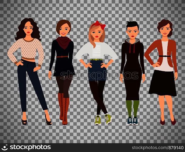Casual fashion for cute woman. Cartoon teenage girl in everyday dress vector illustration isolated on transparent background. Cartoon teenage girls in everyday dress