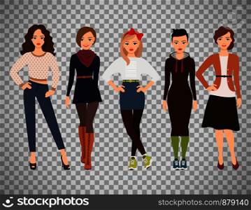 Casual fashion for cute woman. Cartoon teenage girl in everyday dress vector illustration isolated on transparent background. Cartoon teenage girls in everyday dress