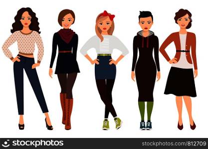 Casual fashion for cute woman on white. Cartoon teenage girl in everyday dress vector illustration. Casual fashion for woman