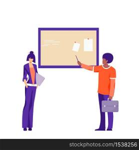 Casual male character showing presentation to business woman vector flat illustration. Cartoon guy pointing on demo board discussing project at office isolated on white background. Casual male character showing presentation to business woman vector flat illustration