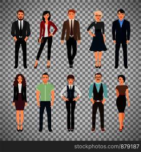 Casual office people vector illustration. Fashion business men and business women persons group standing isolated on transparent background. Casual office people on transparent background
