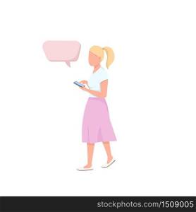 Casual outfit flat color vector faceless character. Woman hold mobile phone. Teen walk with smartphone. Person with speech bubble isolated cartoon illustration for web graphic design and animation