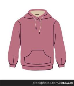 Casual style clothes for men and women, isolated hoodie with pockets and long sleeves, hood and warm soft fabric. Piece of every day clothing, fashion and design collection. Vector in flat style. Unisex clothing, hoodie with pockets and sleeves
