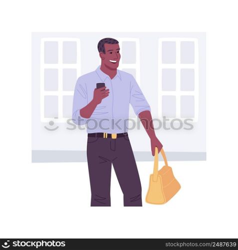 Casual style isolated cartoon vector illustrations. Young and cute man wearing casual clothes holding phone in hands, consumerism idea, leisure time outdoor, urban style vector cartoon.. Casual style isolated cartoon vector illustrations.