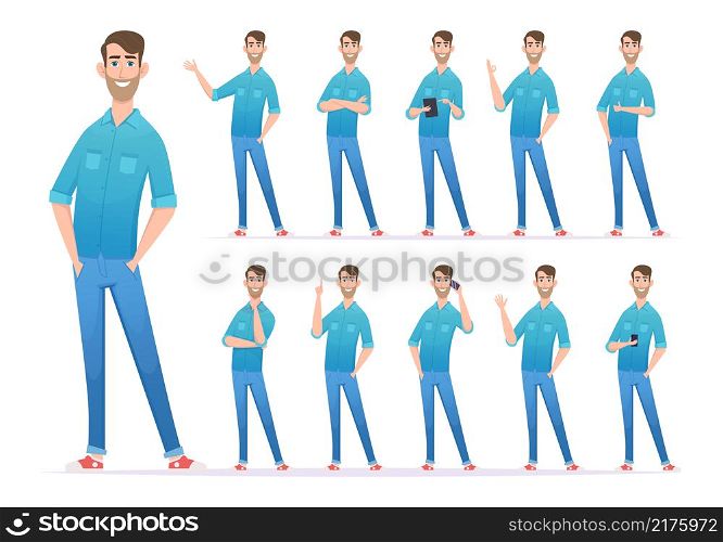 Casual style man. Gestures of man in denim jeans confident presenter looking characters exact vector person in action poses. Young casual adult in jeans, gesture character man illustration. Casual style man. Gestures of man in denim jeans confident presenter looking characters exact vector person in action poses
