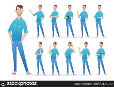 Casual style man. Gestures of man in denim jeans confident presenter looking characters exact vector person in action poses. Young casual adult in jeans, gesture character man illustration. Casual style man. Gestures of man in denim jeans confident presenter looking characters exact vector person in action poses