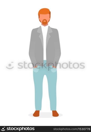Casual style red haired guy flat vector illustration. Confident man in formal menswear cartoon character. Fashion model lookbook. Successful businessman, top manager isolated on white background