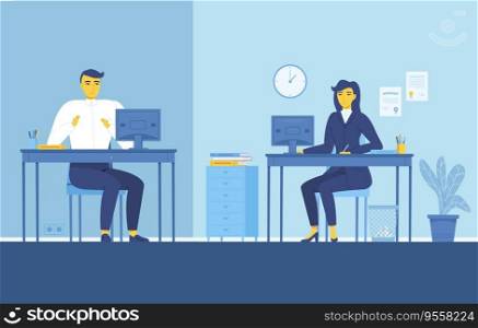 Casual Teamwork. People with yellow skin working together with computers in different places. Outsource, remote work, onlime managing task concept. Stock vector illustration in flat corpotate memphis style.. Casual Teamwork. People with yellow skin working together with computers in different places. Outsource concept. Stock vector illustration in flat corpotate memphis style.