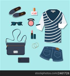 Casual young woman outfit. Gumshoes and accessories, glasses and perfume, handbags and cosmetics, earrings and shorts. Vector illustration. Casual young woman outfit