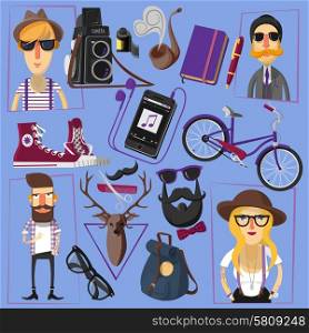 Casually and formally dressed hipster people in hats and fake mustache with accessories poster abstract vector illustration. Hipster flat icons composition poster