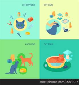 Cat 4 flat icons square composition . Cat care food and toys supplies 4 flat icons square composition pets banner abstract isolated vector illustration