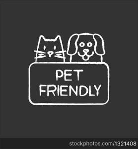 Cat and dog friendly area chalk white icon on black background. Puppy and kitten permitted zone. Domestic animals allowed territory, pets welcome institution. Isolated vector chalkboard illustration