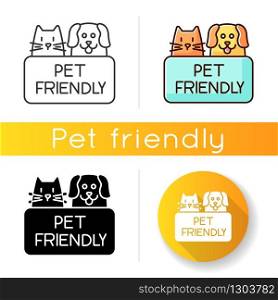 Cat and dog friendly area icon. Puppy and kitten permitted zone. Domestic animals allowed territory, pets welcome institution. Linear black and RGB color styles. Isolated vector illustrations