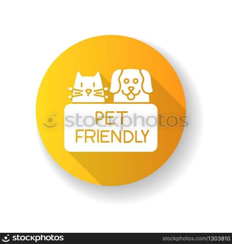 Cat and dog friendly area yellow flat design long shadow glyph icon. Puppy and kitten permitted zone. Domestic animals allowed territory, pets welcome institution. Silhouette RGB color illustration