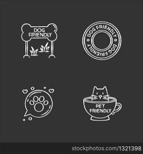 Cat and dog friendly areas emblems chalk white icons set on black background. Four-legged friends allowed territories signs. Kitty and doggy welcome. Isolated vector chalkboard illustrations