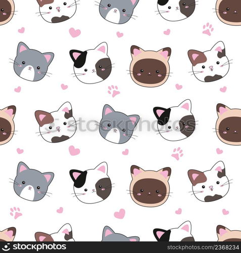 Cat and heart seamless pattern on white background vector illustration