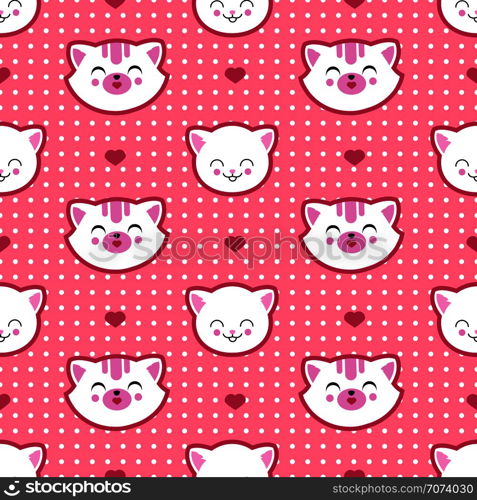 Cat and kitten faces vector seamless pattern. Child t shirt design. Background seamless with cat and heart illustration. Cat and kitten faces vector seamless pattern. Child t shirt design