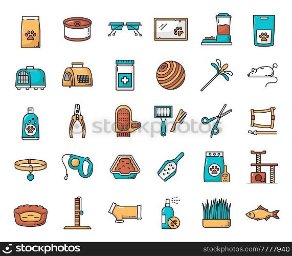 Cat and kitten pet care color outline vector icons, grooming and veterinary health, food and toys. Pets care line icons of feeding bowl, cat collar and leash, mouse and ball with cushion and scissors. Cats care outline icons, grooming and veterinary