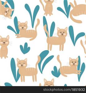 Cat and leaves, seamless pattern vector illustration. Sandy cats in different poses. Cute pets in the grass and leaves. Baby background for packaging, fabric, textile or wallpaper.. Cat and leaves, seamless pattern vector illustration.