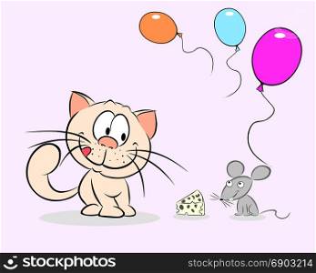 Cat and mouse next to cheese and balloons on a pink background.