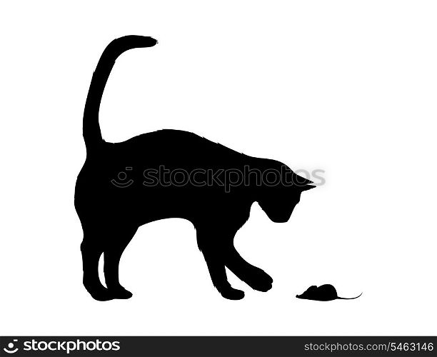 Cat and mouse. The black cat plays with a mouse. A vector illustration