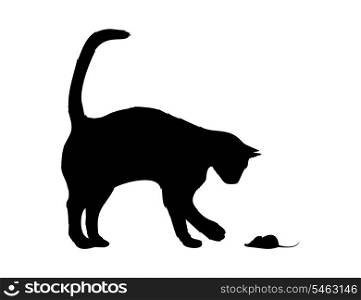 Cat and mouse. The black cat plays with a mouse. A vector illustration