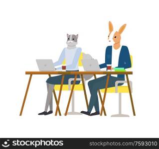 Cat and rabbit in casual clothes working with wireless pc, hipster animal using laptop at desktop, character with computer, workplace or office vector. Hipster Animal Sitting and Using Laptop Vector