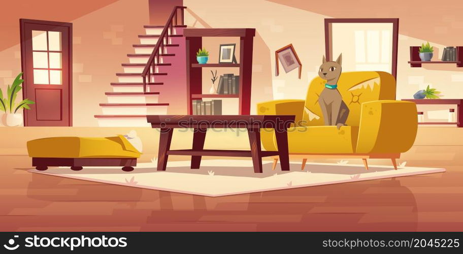 Cat at damaged home interior with scratched furniture, sofa and armchair with torn upholstery and fallen flower pot. Pet making mess in room, naughty feline animal chaos, Cartoon vector illustration. Cat at damaged home with scratched furniture.