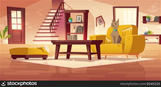 Cat at damaged home interior with scratched furniture, sofa and armchair with torn upholstery and fallen flower pot. Pet making mess in room, naughty feline animal chaos, Cartoon vector illustration. Cat at damaged home with scratched furniture.