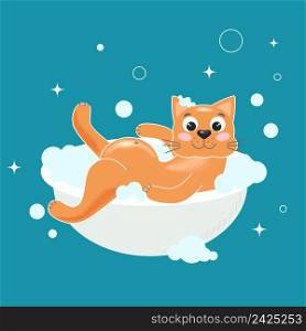 Cat bathes in bathtub vector illustration. Cute kitten character takes shower. Grooming for pet. Happy wet animal in foam. Cat bathes in bathtub vector illustration