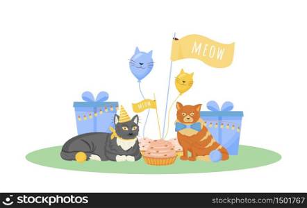 Cat birthday flat color vector character. Cute kitten in festive hat. Present and gift for domestic animal. Pet bday celebration isolated cartoon illustration for web graphic design and animation. Cat birthday flat color vector character