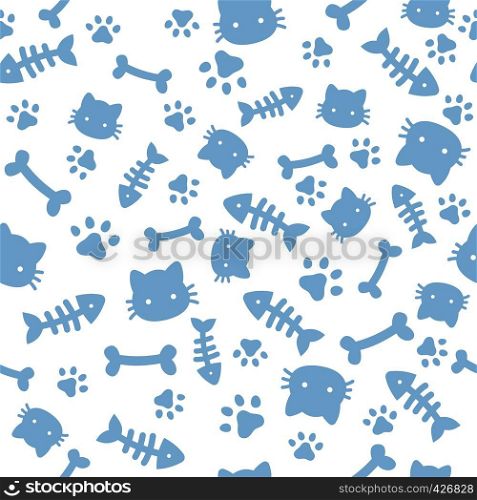Cat boy pattern. Blue paw animal footprints and bones. Cat dog paws wallpaper, cute puppy pet cartoon vector seamless background