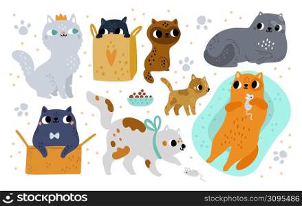 Cat breeds. Cute animals in different poses and activities, funny pets, playful kittens, cartoon hand drawn characters, various colors wool, cats playing with mouse, sitting in box vector isolated set. Cat breeds. Cute animals in different poses and activities, funny pets, playful kittens, cartoon hand drawn characters, various colors wool, cats playing with mouse, sitting in box, vector set