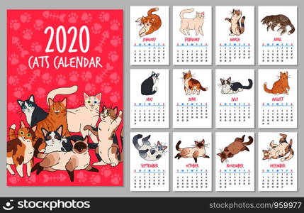 Cat calendar. 2020 year planner with cute cats, funny kitten hand drawn design. Vector child monthly artwork sketch set. Cat calendar. 2020 year planner with cute cats, funny kitten hand drawn design Vector set