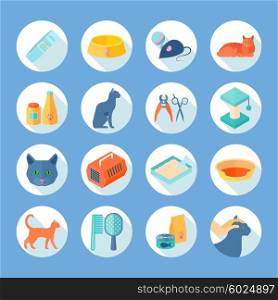 Cat care flat round icons set . Indoor cat care flat round icons set with food and accessories supply abstract shadow isolated vector illustration