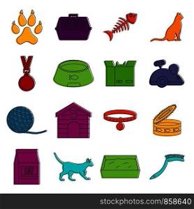 Cat care tools icons set. Doodle illustration of vector icons isolated on white background for any web design. Cat care tools icons doodle set
