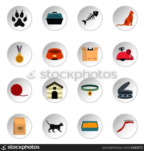 Cat care tools icons set in flat style isolated vector icons set illustration. Cat care tools icons set in flat style