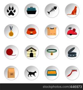 Cat care tools icons set in flat style isolated vector icons set illustration. Cat care tools icons set in flat style