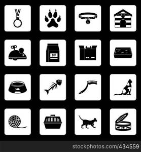 Cat care tools icons set in white squares on black background simple style vector illustration. Cat care tools icons set squares vector