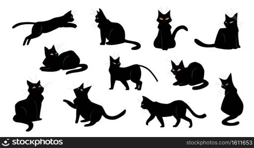 Cat. Cartoon black kitten sitting and walking, standing or jumping. Isolated poses of playful kitty. Cute shorthaired pet breed with yellow eyes. Collection of domestic animal silhouettes, vector set. Cat. Cartoon black kitten sitting and walking, standing or jumping. Poses of playful kitty. Shorthaired pet breed with yellow eyes. Collection of domestic animal silhouettes, vector set