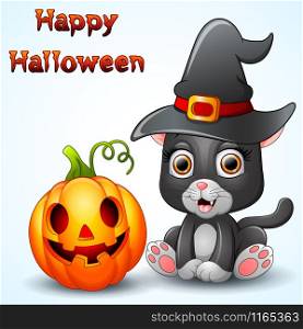 Cat cartoon with a witch hat and pumpkin