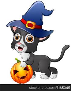 Cat cartoon with a witch hat holding pumpkin